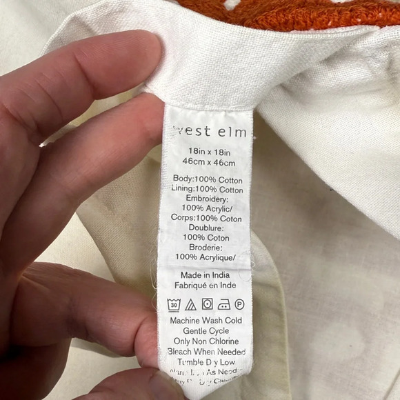 West Elm Embroidered Pillow Cover 18x18, Rust Orange & Off White - Picture 3 of 3